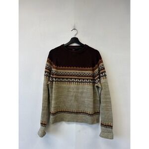Vintage Sigallo Sweater Mens Large Beige Brown Fair Isle Knit Crewneck 70s